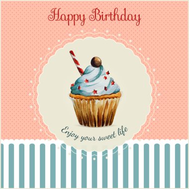 Doğum günü tebrik kartı şablonu suluboya cupcake çizim ile