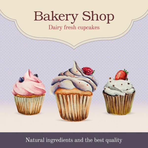 Watercolor bakery shop advertisement with cupcake illustration — Stock Vector