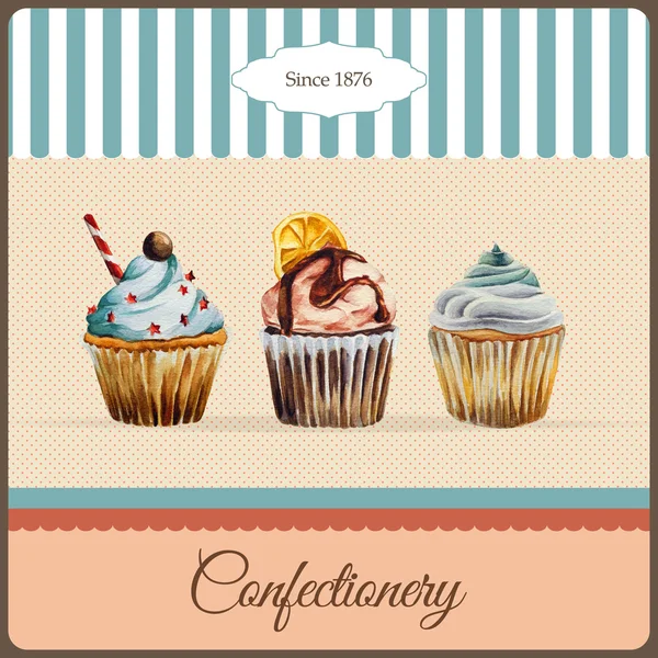 Zoetwaren reclame met aquarel cupcakes illustratie — Stockvector