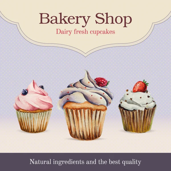 Watercolor bakery shop advertisement with cupcake illustration Vector Graphics