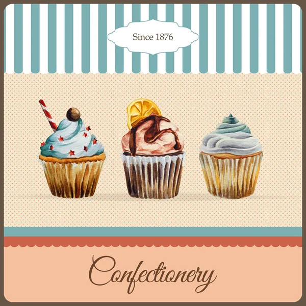 Confectionery advertisement with watercolor cupcakes illustration Royalty Free Stock Illustrations