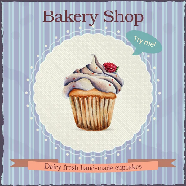 Akvarell bageri shop annonseringen med cupcake illustration — Stock vektor