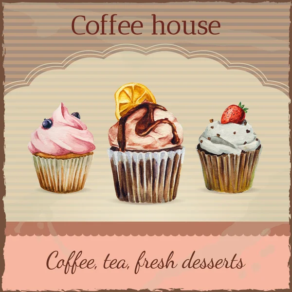 Coffee house advertisement with watercolor cupcakes illustration Vector Graphics