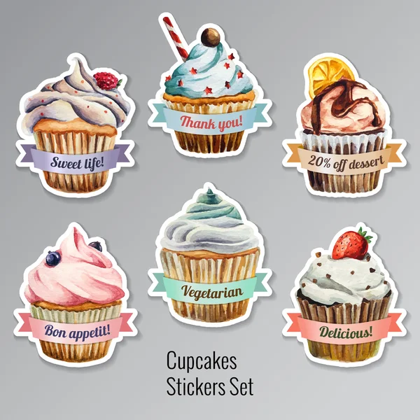 Cupcakes adesivos conjunto com texto diferente —  Vetores de Stock