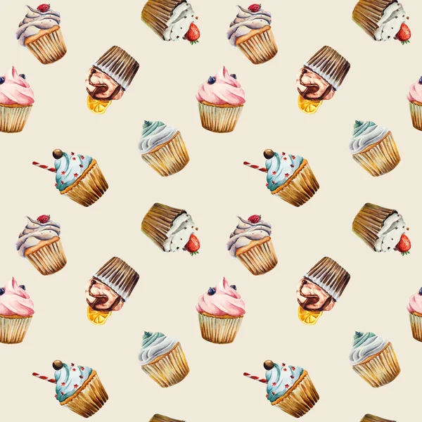 Padrão sem costura cupcake aquarela —  Vetores de Stock