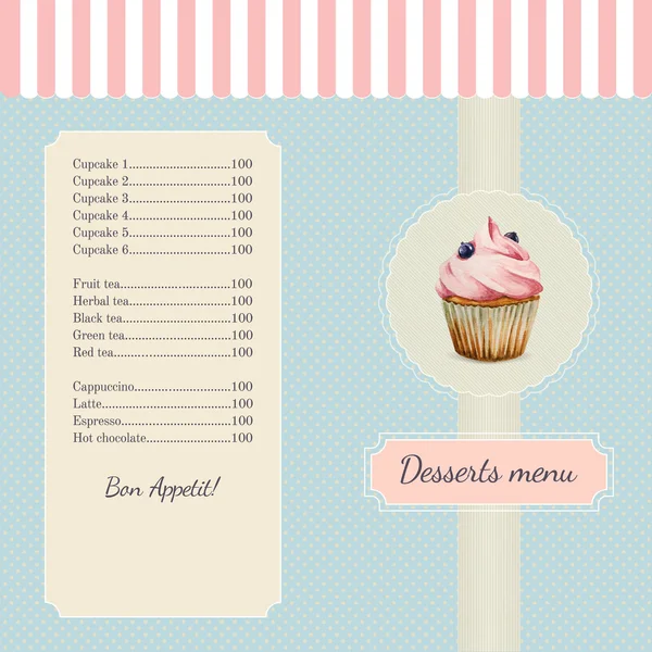 Süßwaren-Menüvorlage mit Aquarell-Cupcake-Illustration — Stockvektor