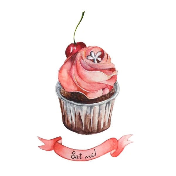 Watercolor decorative cupcake with ribbon — Διανυσματικό Αρχείο