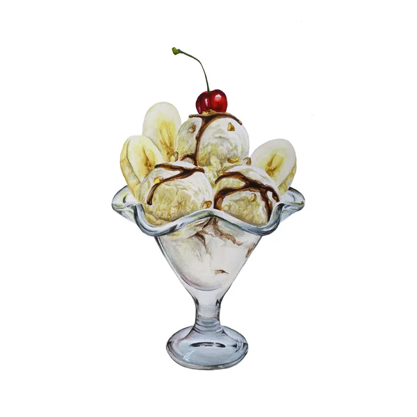 Bananeneis-Dessert Aquarell-Illustration — Stockfoto