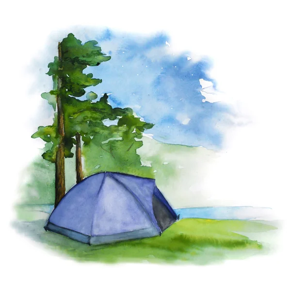 手绘水彩插图与帐篷 — 图库照片