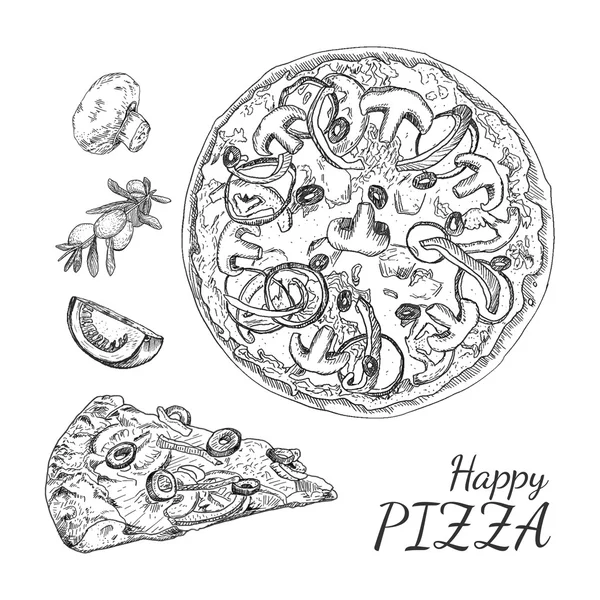Atrament ręcznie rysowane szczęśliwy pizzy — Wektor stockowy