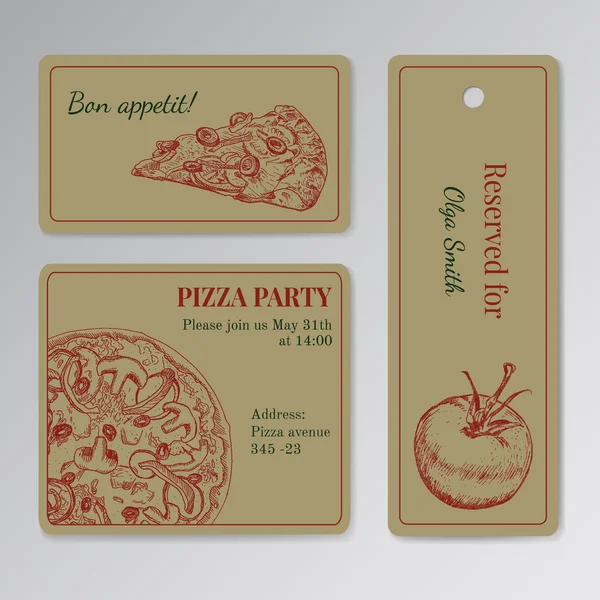 Conjunto de tarjetas plantillas para fiesta de pizza — Archivo Imágenes Vectoriales