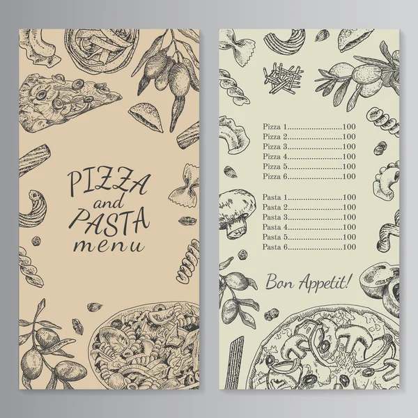 油墨的手绘制的比萨和意大利面菜单模板 — 图库矢量图片