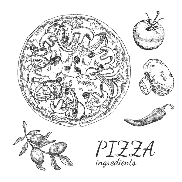 Atrament ciągnione pizza składnika zestaw — Wektor stockowy