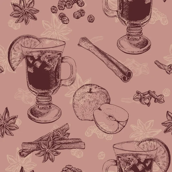 Modèle sans couture de couleur rose avec tasse de vin chaud — Image vectorielle