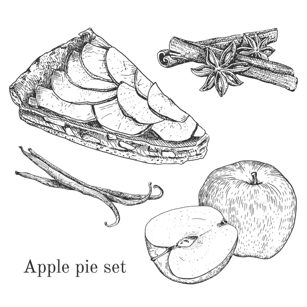 Conjunto de tarta de manzana de tinta con manzanas, canela, vainilla — Archivo Imágenes Vectoriales