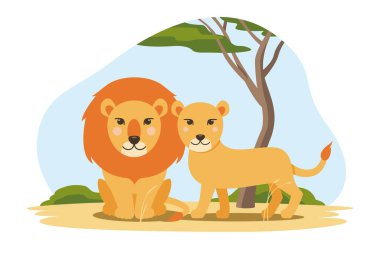Düz çizgi film tarzında dişi aslan ve dişi aslan. Ağaçların ve gökyüzünün arka planında yaşayan ve yürüyen hayvanlar. Beyaz arka planda sevimli çocukların çizimi. Vektör - EPS10.