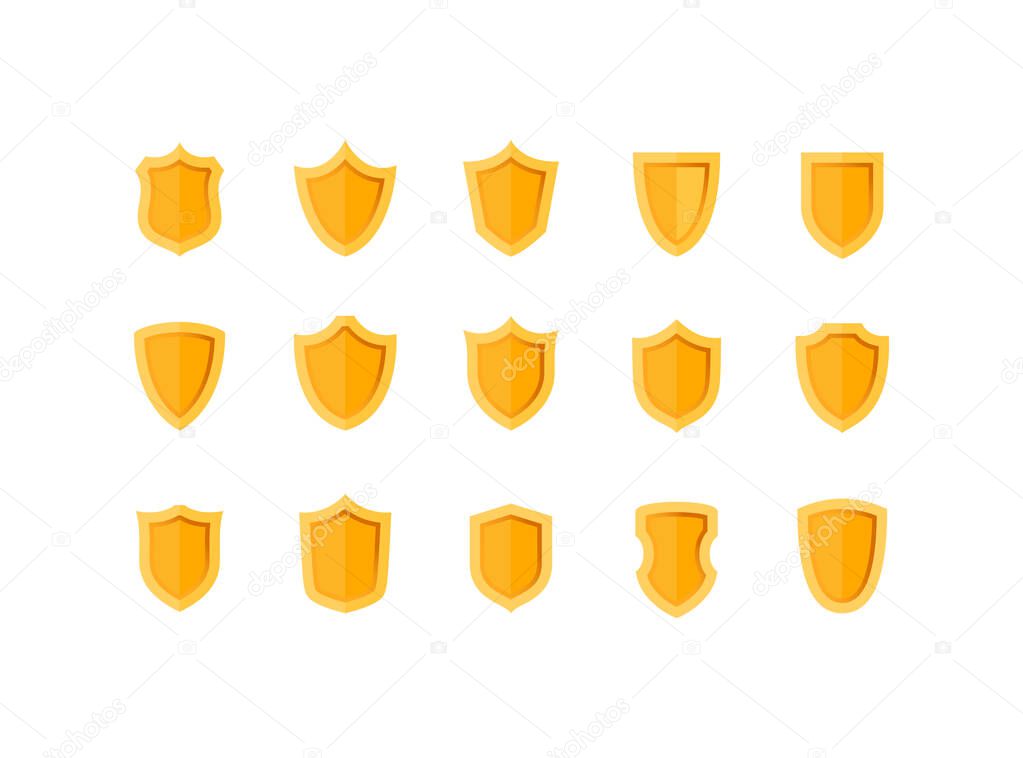 A set of bright yellow shields in flat style. Simple design elements of different shapes with shadows on a white background.
