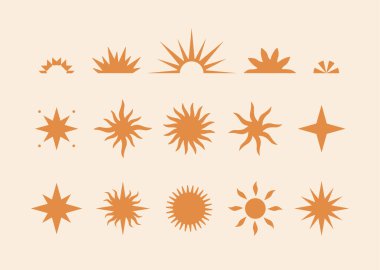 Boho tarzında modern soyut Güneş çizimleri koleksiyonu. Markalaşma, web sitesi, dövme, ambalaj için vektör tasarım unsurları. Işık arkaplanda sihirli güneş siluetleri.