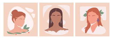 Set of three elegant hand-drawn female silhouettes in minimalistic flat style. Vector ladies in pastel colors with abstract backgrounds. Fashion illustrations