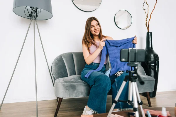 Attractive Caucasian Young Woman Video Blogger Showing New Clothing Her — Stock Photo, Image