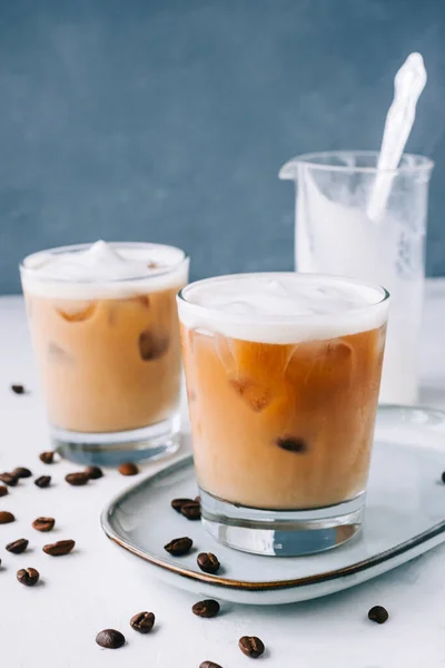 Ice Coffee Glass Milk Foam Ice Cubes Coffee Beans White — Stock Photo, Image