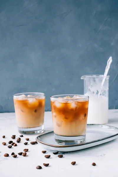 Ice Coffee Glass Milk Foam Ice Cubes Coffee Beans White — Stock Photo, Image