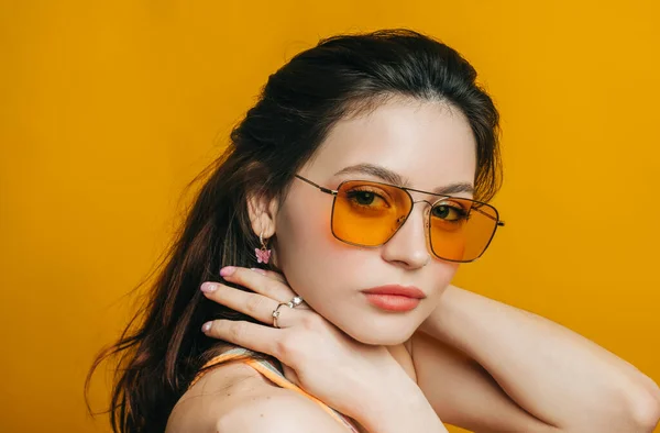 Portrait Attractive Stylish Woman Sunglasses Long Brunette Hair Isolated Yellow — Stock Photo, Image
