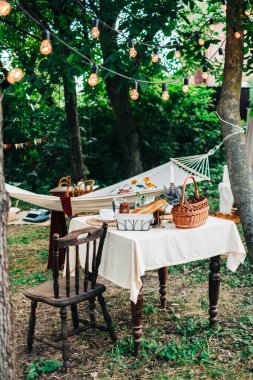 Arka bahçedeki yemek masasında kırsal alanda kimse yok..