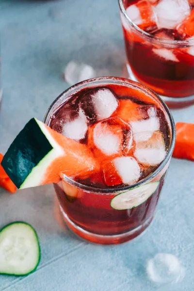 Watermelon Cocktail Glass Cucumber Slice Ice Cubes Table Refreshing Drink — Stock Photo, Image