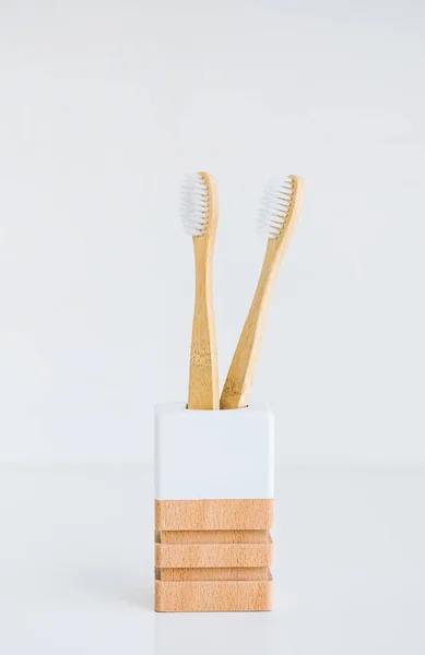 Bamboo Toothbrushes Wooden Cup Making Natural Materials Isolated White Background — Stock Photo, Image
