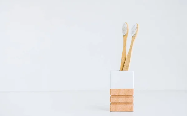 Bamboo Toothbrushes Wooden Cup Making Natural Materials Isolated White Background — Stock Photo, Image