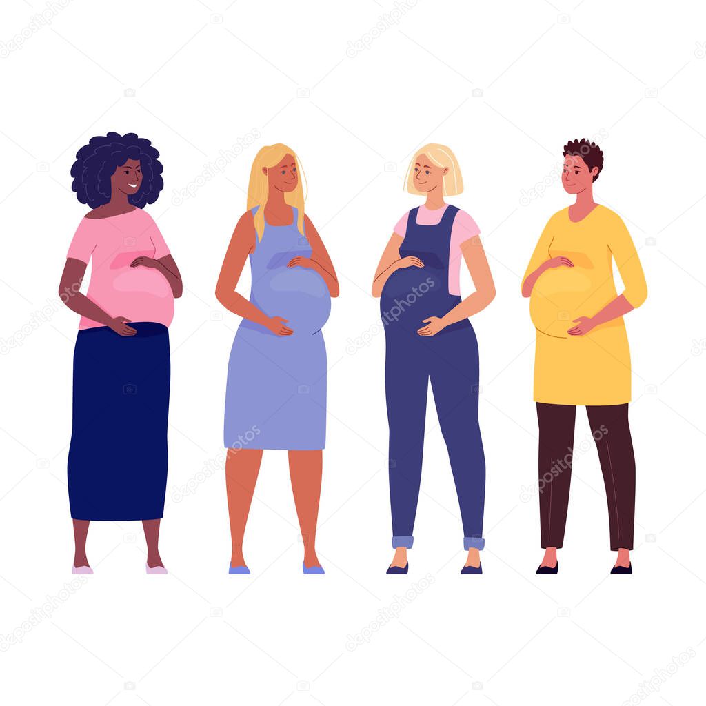Set of beautiful pregnant women hugging their big bellies. Illustration. Vector in a flat cartoon style.