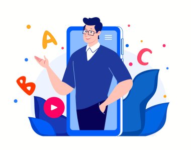 Genç işadamı, öğretmen, öğretmen. Web kamerasından akıllı telefon konuşması yapan video konferansı öğrenin, çevrimiçi sohbetlerde öğretin, uzaklık webinar öğretim konsepti, eğitim web uygulaması.