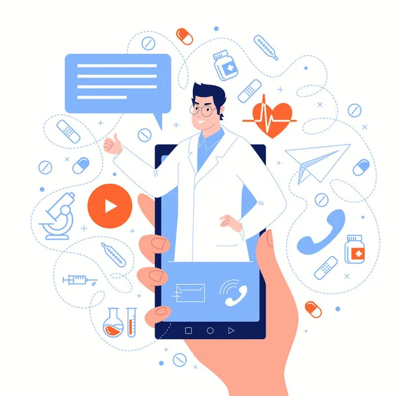 Haberci sohbetindeki akıllı telefon ekranındaki doktor. Çevrimiçi tıbbi hizmetler, danışmalar, destek. Vektör düz çizgi film illüstrasyonu.