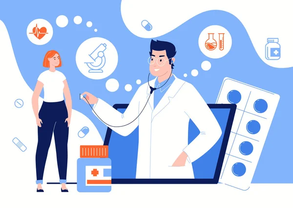 Hasta 'dan Doktor' a video çağrısı. Kız, evden ayrılmadan dizüstü bilgisayarla bir terapistle görüşüyor. Çevrimiçi Tıbbi Danışmanlık. Vektör Düz Çizim.