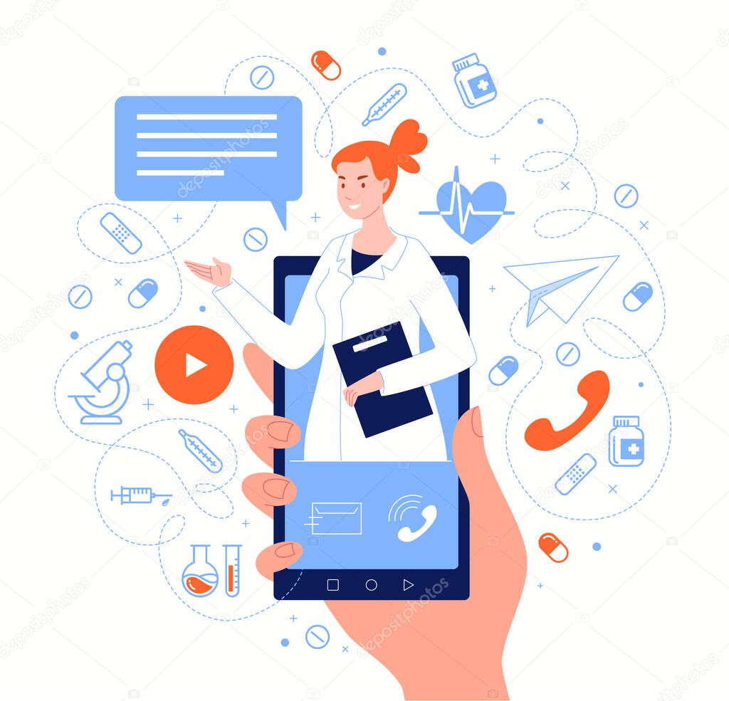 Doctor on smartphone screen in messenger chat. Online medical services, consultations, support. Vector flat cartoon illustration.