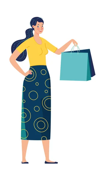 Compratore. Donna con i pacchi del negozio. Illustrazione vettoriale. — Vettoriale Stock