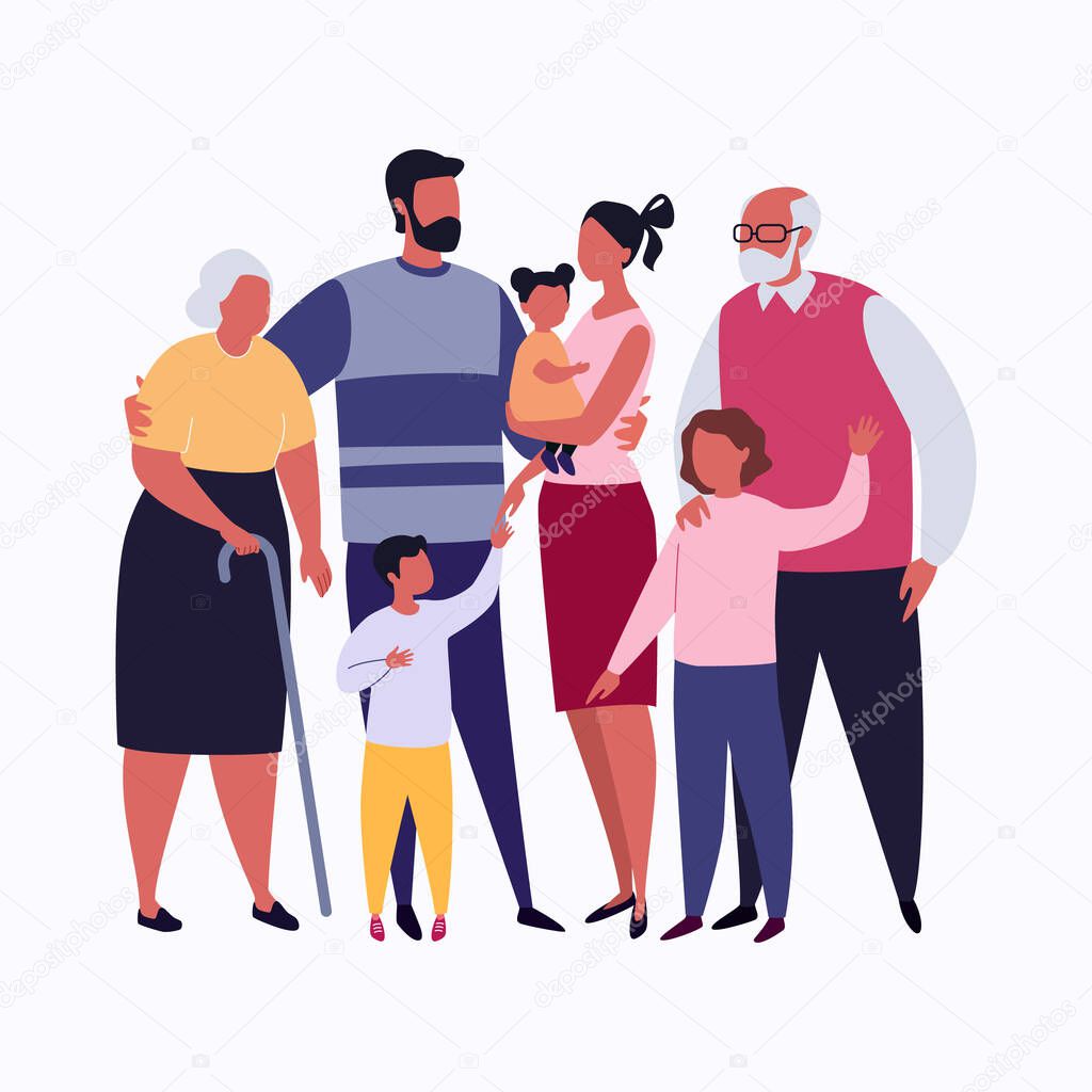 Big Family Together. Vector Illustration in Flat Cartoon Style.