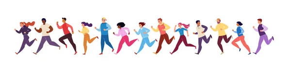 Marathon-Rennen. Laufende Männer und Frauen in Trainingsanzügen. Farbig isoliert trendige Charaktere Sportler. Vektorflache Cartoon-Illustration. — Stockvektor