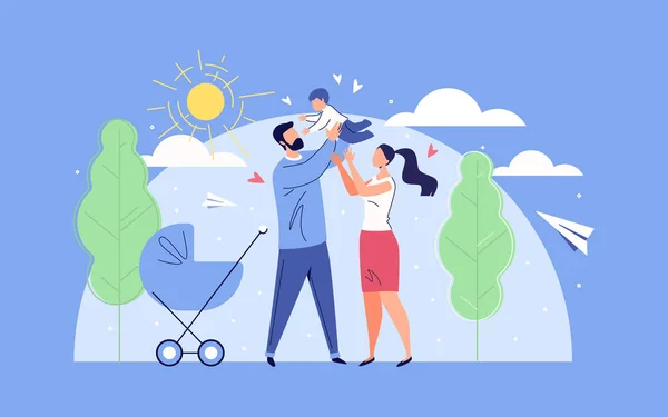 Felice Famiglia Padre, Madre e Bambino sullo sfondo della natura e del sole splendente. Illustrazione vettoriale in stile fumetto piatto. — Vettoriale Stock