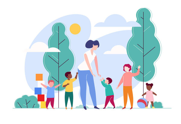 Kindergarten. Group of Children of Different Ages. Nanny Teaches Baby to Walk. Volunteer Plays with kids in Nature. Cartoon Vector Illustration.