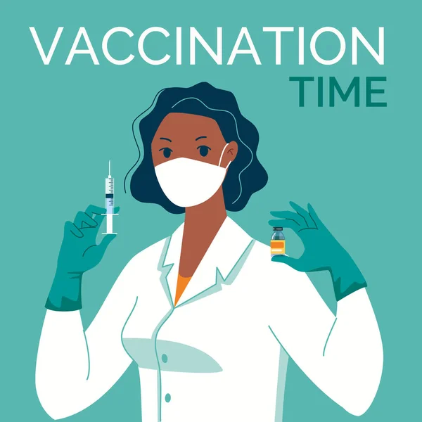 Doktor v masce, latexové rukavice se stříkačkou a vakcínou v rukou. Čas na očkování. Vektorová ilustrace. Karikatura. Flat. — Stockový vektor