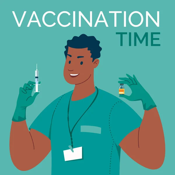 Läkare i latexhandskar med spruta och vaccin i händerna. Dags att vaccinera. Vektor. Illustration. Platt. Tecknad film — Stock vektor