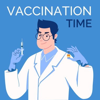 Elinde şırınga ve aşı olan lateks eldivenli bir doktor. Aşı zamanı. Vektör. İllüzyon. Düz. Çizgi film