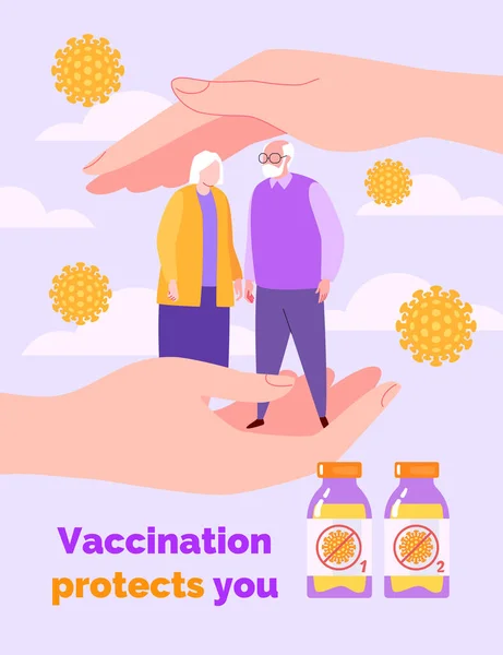 Vaccinationskoncept. Händerna Skydda det gamla paret från viruset. Vektor Illustration i platt tecknad stil. — Stock vektor