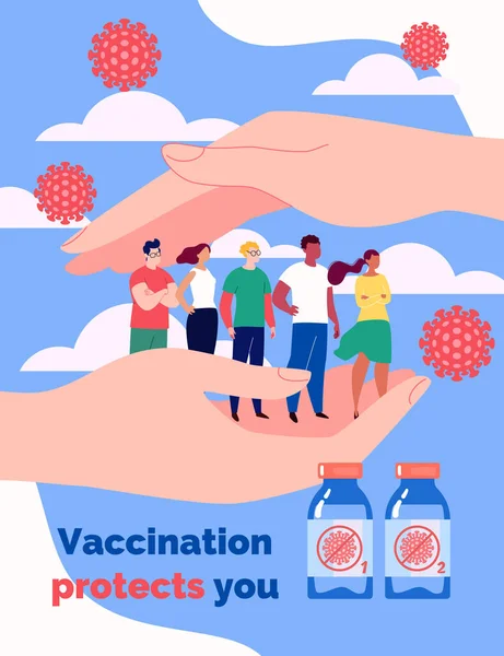 Vaccinationskoncept. Händerna skyddar folk från viruset. Män och kvinnor köar för vaccinet. Vektor illustration i platt tecknad stil. — Stock vektor