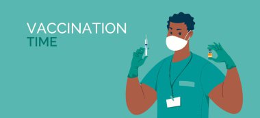 Elinde şırınga ve aşı olan lateks eldivenli bir doktor. Aşı zamanı. Banner, şablon. Vektör. İllüzyon. Düz. Çizgi film