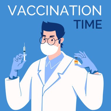 Maskeli doktor, elinde şırınga ve aşı olan lateks eldivenler. Aşı zamanı. Vektör çizimi. Çizgi film. Düz.