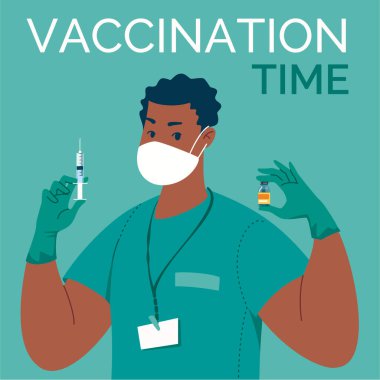 Maskeli doktor, elinde şırınga ve aşı olan lateks eldivenler. Aşı zamanı. Vektör çizimi. Çizgi film. Düz.