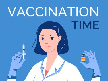 Elinde şırınga ve aşı olan lateks eldivenli bir doktor. Aşı zamanı. Vektör. İllüzyon. Düz. Çizgi film